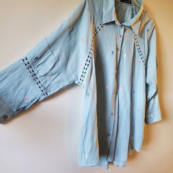 Cirana Button Up Top Womans XL Embrolidred Sky Blue Lace Insets - Picture 5 of 14